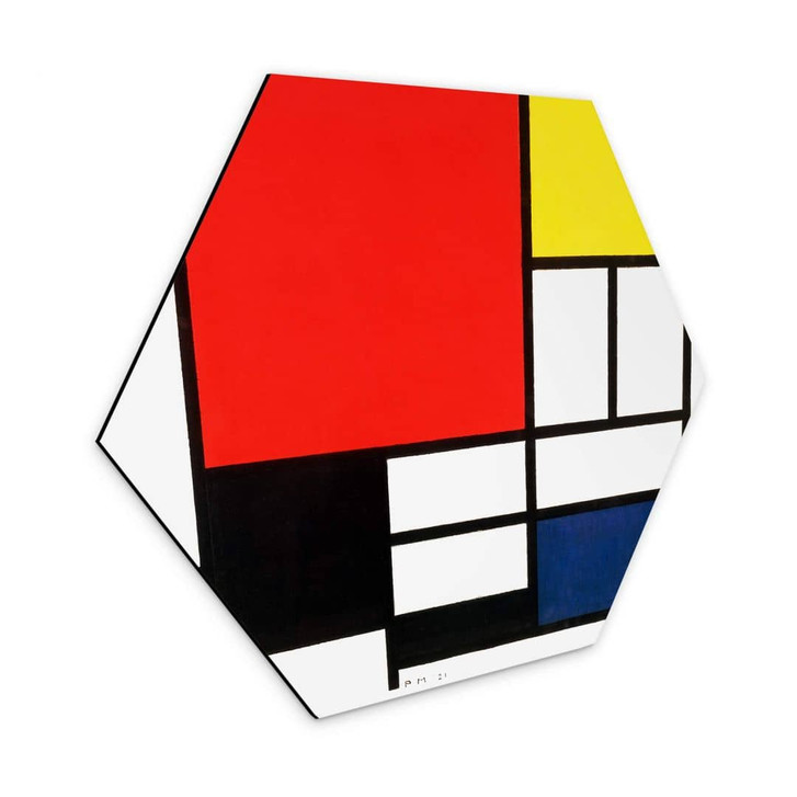 Hexagon - Alu-Dibond Mondrian - Komposition mit Rot Gelb Blau und Schwarz - WA326694