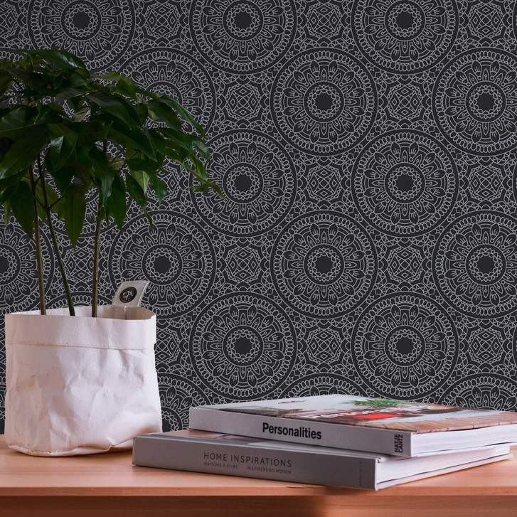 Mandala Grafiktapete Schwarz Silber - Tapete im Boho-Stil - Vliestapete Wohnzimmer Küche - WA396001