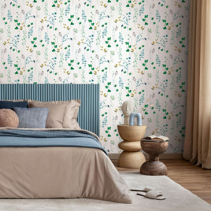 Vliestapete Blätter, Äste Floral Natur matt in Weiss Grün - WA508936