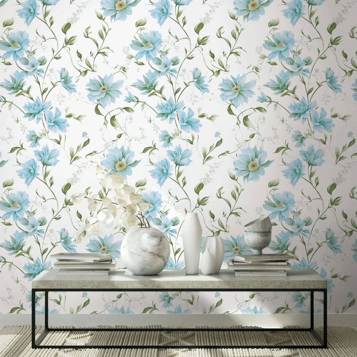 Vliestapete Blumen, Blätter Floral Natur matt in Weiss Grün Blau - WA497808