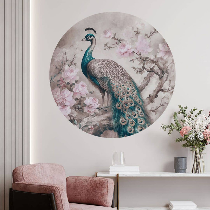 Wandtattoo Edler Pfau mit Blüten - Haase - Rund - WA412727