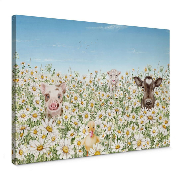 Canvas, Leinwandbild Bauernhoftiere auf der Blumenwiese - Kikki Belle - WA417252