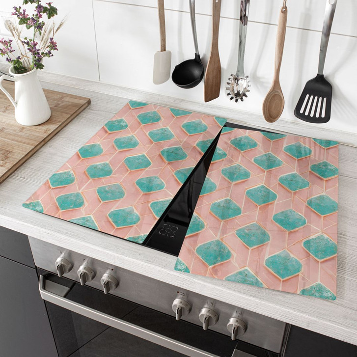 Herdabdeckplatte Rautenmuster in türkis und rosa - Treechild - WA425947
