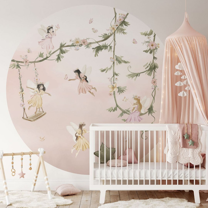 Kinderzimmer Fototapete - Kleine Feen über rosa Wolken - Oliver Robins - Rund - Selbstklebend/Vlies - WA470289