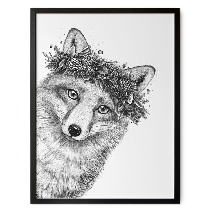 Poster Schwarz-weisser Fuchs mit Blumenkranz - Korenkova - WA434614