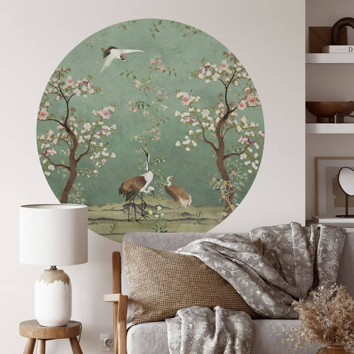 Wandtattoo Kraniche in floraler Landschaft - Bloomery Decor - Rund - WA486258