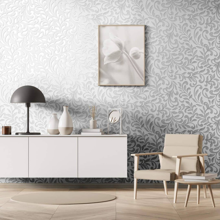 Vliestapete mit abstraktem Blattmotiv und linierter Struktur grau, pearl Grafisch - WA446339