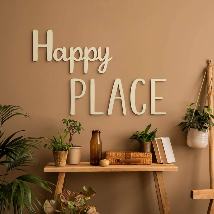 3D Deko Schriftzug Happy Place - Pappelholz - WA402042