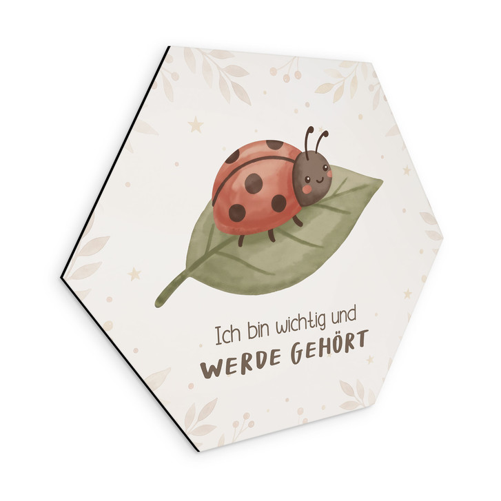 Alu-Dibond Hexagon mit Marienkäfer - positiver Spruch 