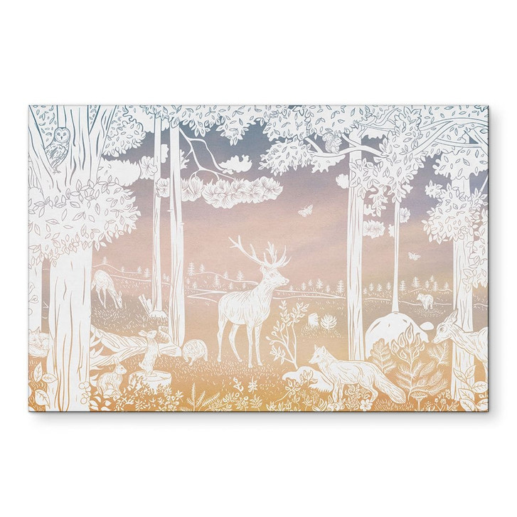 Wandbild Friedlicher Wald mit Hirschen und Füchsen - Ombre - Kikki Belle - Alu-Dibond - WA436842