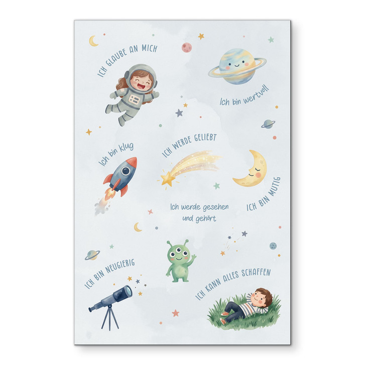 Alu-Dibond Wandbild - Affirmationen Weltraum mit Astronautin und Rakete - WA517456