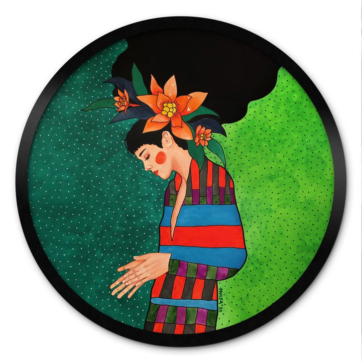 Poster Frau im Streifenkleid mit orangen Blüten - Hülya - Rund - WA498506