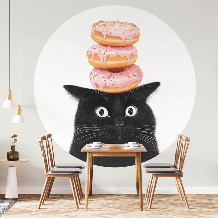 Fototapete Schwarze Katze mit pinken Donuts - Korenkova - Rund - WA512531