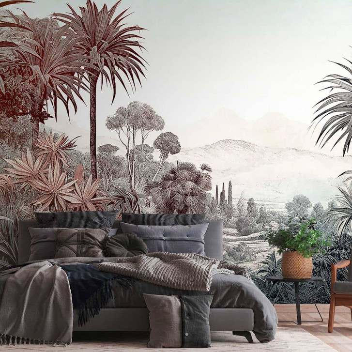 Fototapete Tropenlandschaft Braun Grün - Vliestapete mit Pflanzenmotiv für Wohnzimmer - WA418407