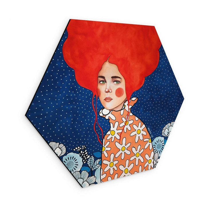 Hexagon Wandbild Frau mit rotem Haar und Blüten - Alu-Dibond - Hülya - WA491960