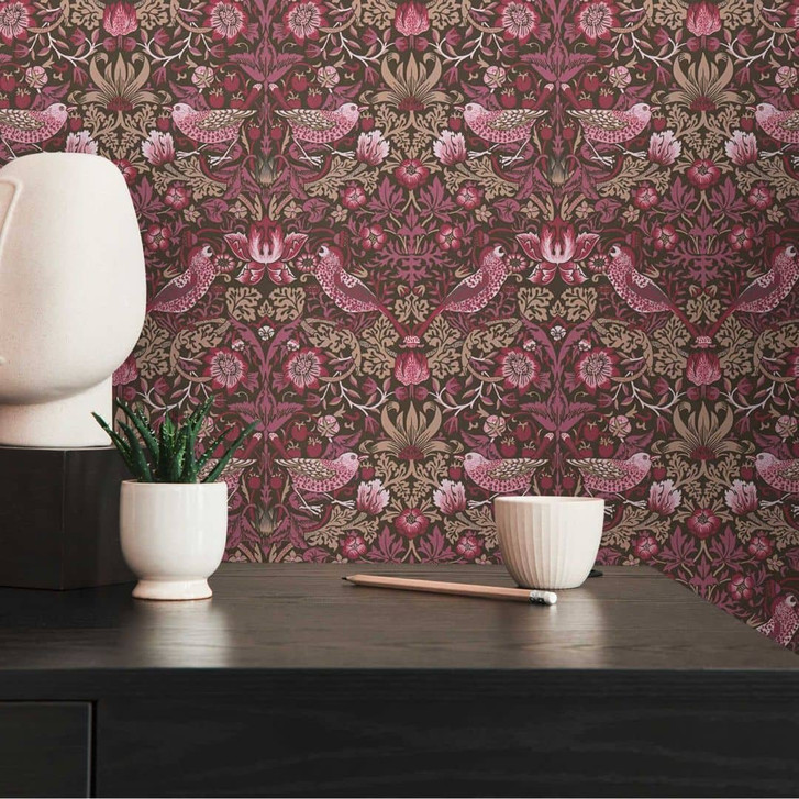 Vliestapete mit Blumen-Muster Lila Rot - Tapete mit Vögeln mit Tieren - WA396183