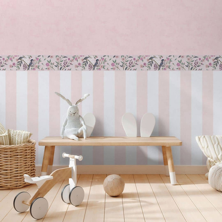 Tapetenborte Rosa Violett mit Vogel - Blütenranke & Naturmotiv - WA465358