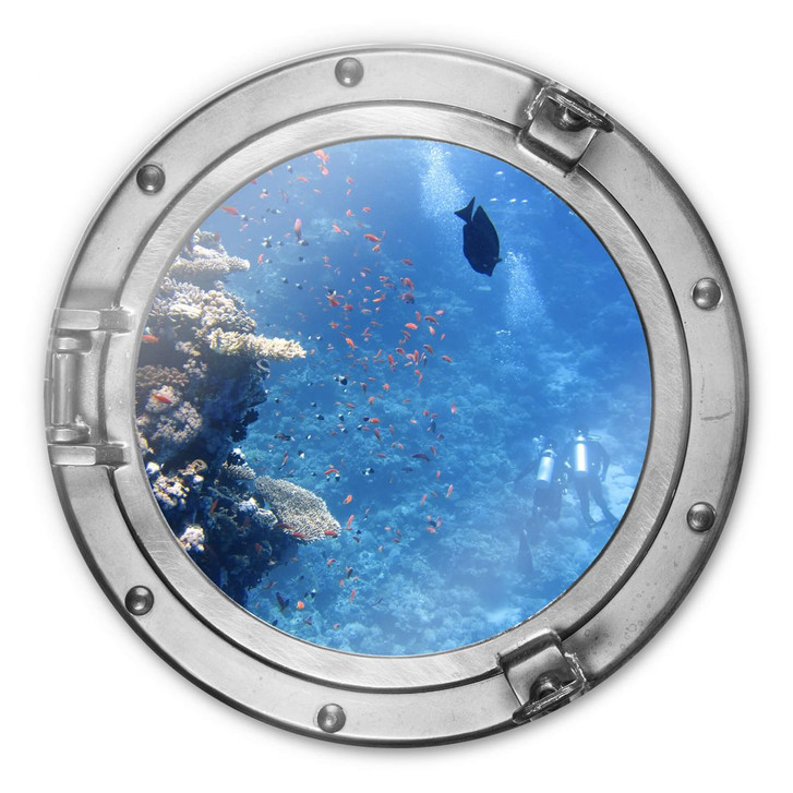 Glasbild rund 3D-Optik Bullauge - Zwei Taucher - WA245068