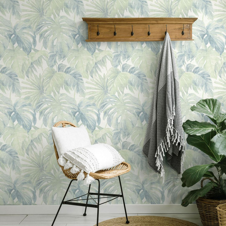 Tapete aus Vlies Blätter in Grün Blau tropisch dezent modern botanisch - WA509663