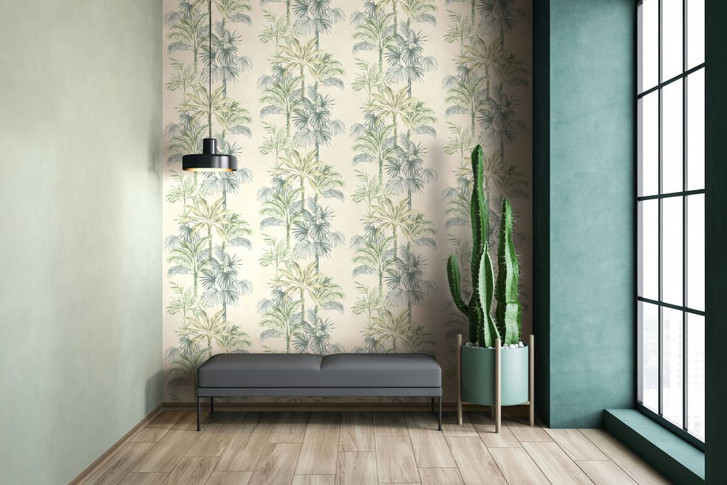 Vliestapete in Beige Grün Bäume Blätter Dschungel Floral Natur - WA457207