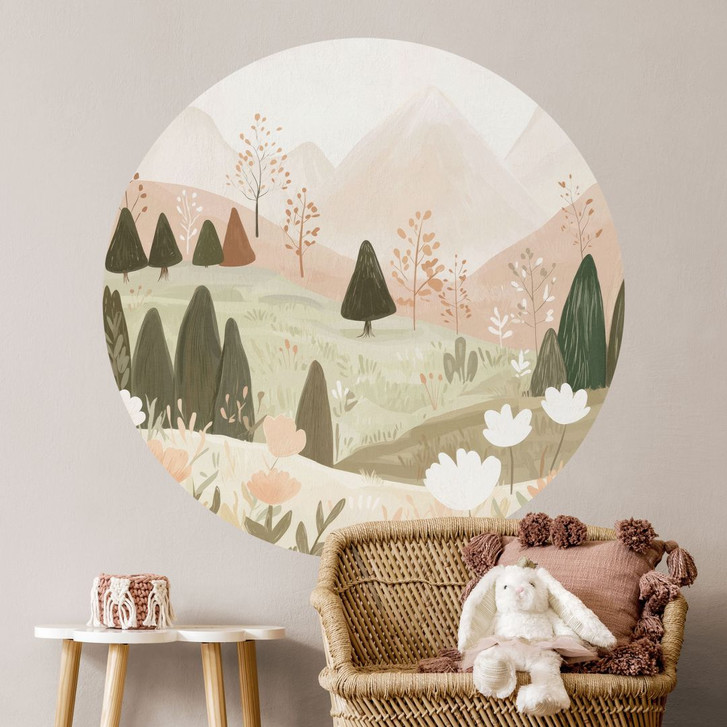 Wandtattoo Pastell Berglandschaft mit Blumen - Treechild - Rund - WA501208