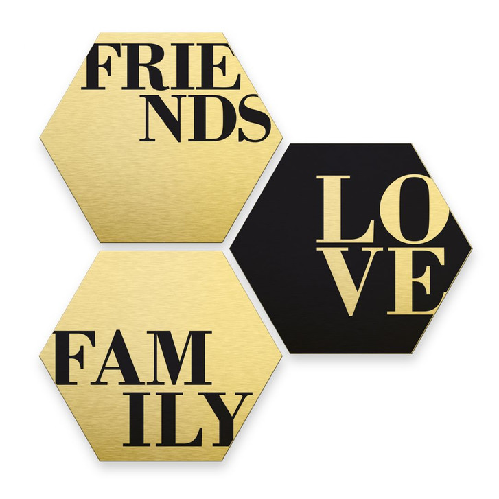Hexagon - Alu-Dibond-Goldeffekt - Love, Friends, Family (3er Set) - WA233183