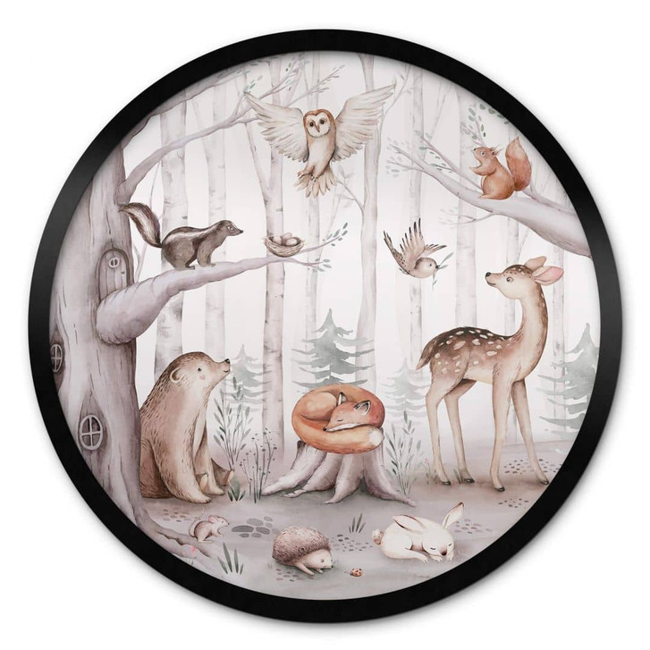 Poster Kinderzimmer Süsse Tiere im Wald Rund - Kvilis - WA408333
