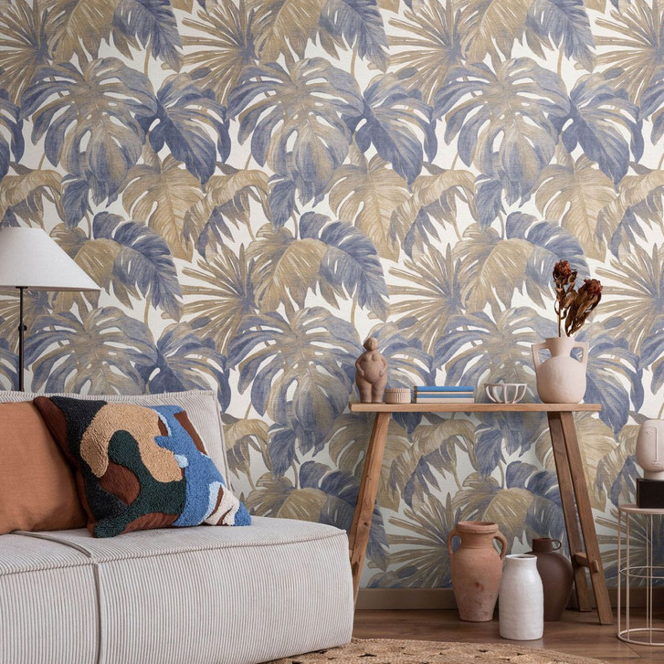 Vlies Tapete Tropische Blätter in Blau Beige mit Monstera Look modern elegant - WA509667