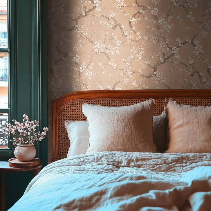 Blütenzweig-Tapete Beige Weiss Orange – Vliestapete mit Kirschblüten - WA465497