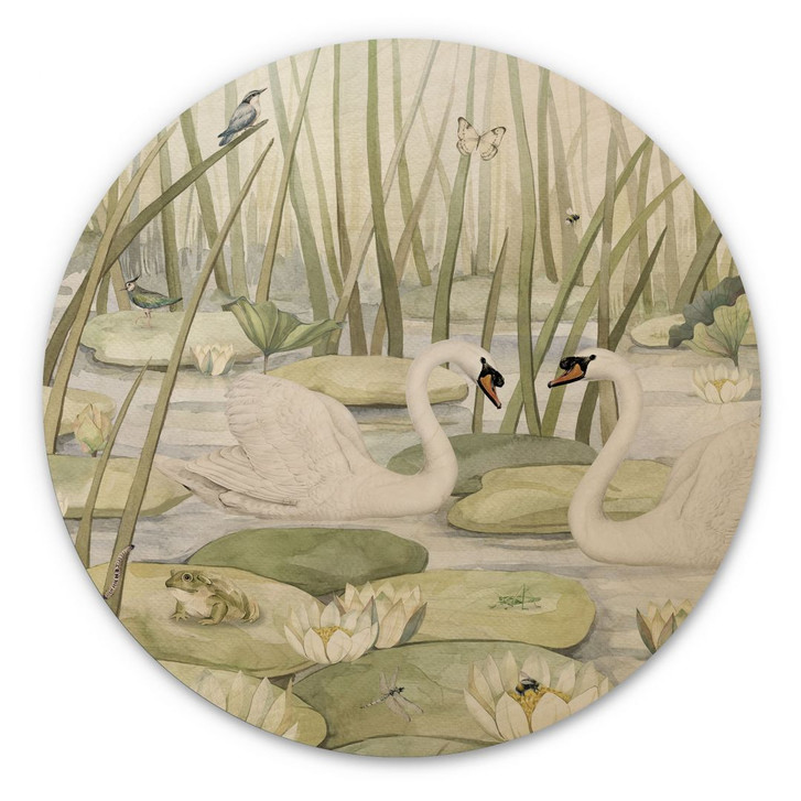 Holzbild Zwei Schwäne im Teich - Kikki Belle - Rund - WA401225
