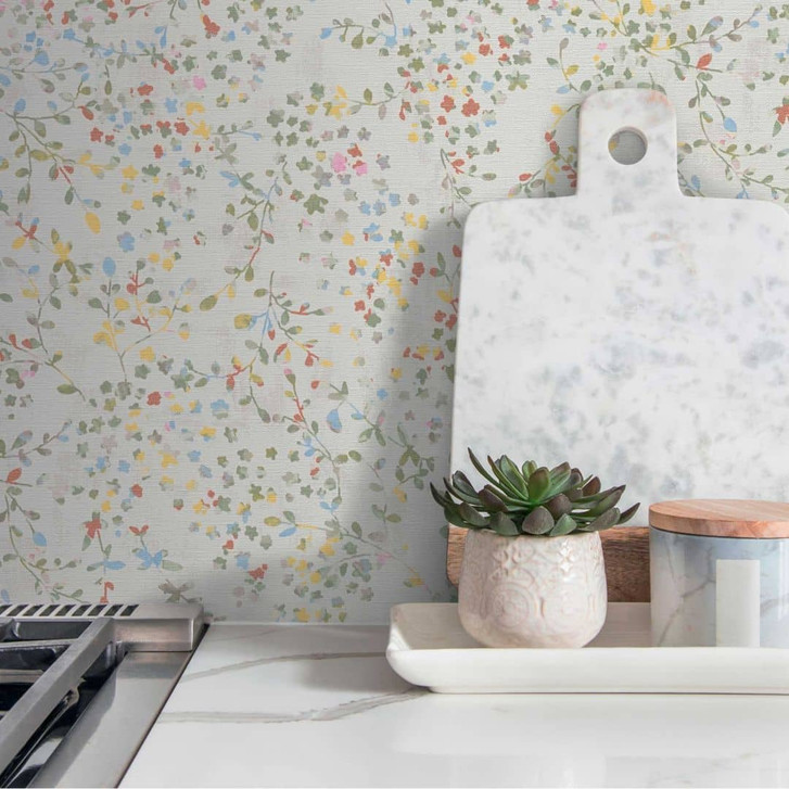 Florale Tapete Blumenranken Aquarell - Vliestapete in Gelb Grün Blau - Romantische Mustertapete - WA465202