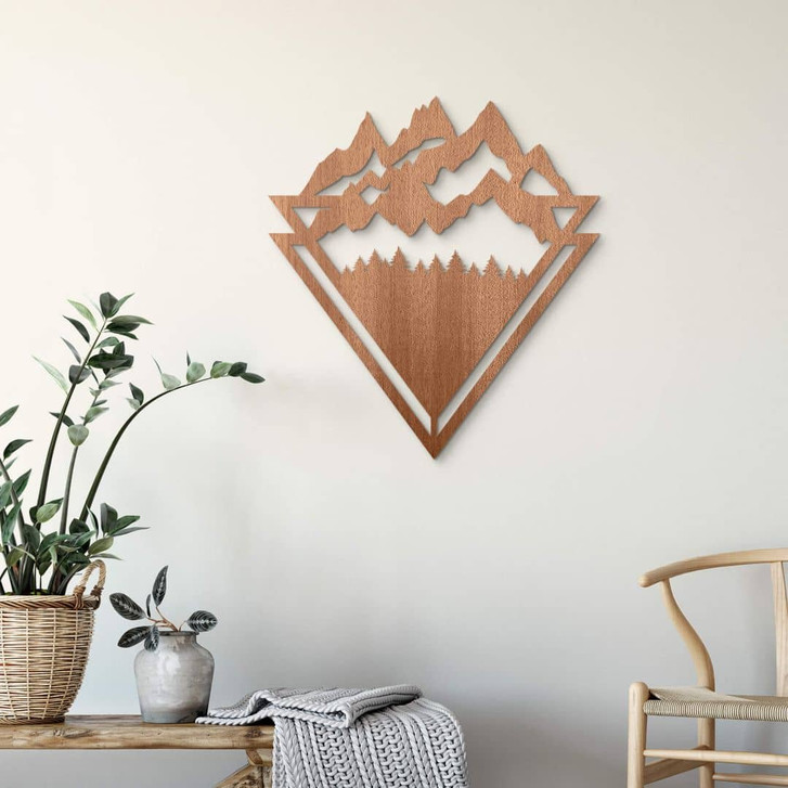 Holzdeko Mahagoni - Line-Art - Landschaft: Berge mit Wald - WA355907