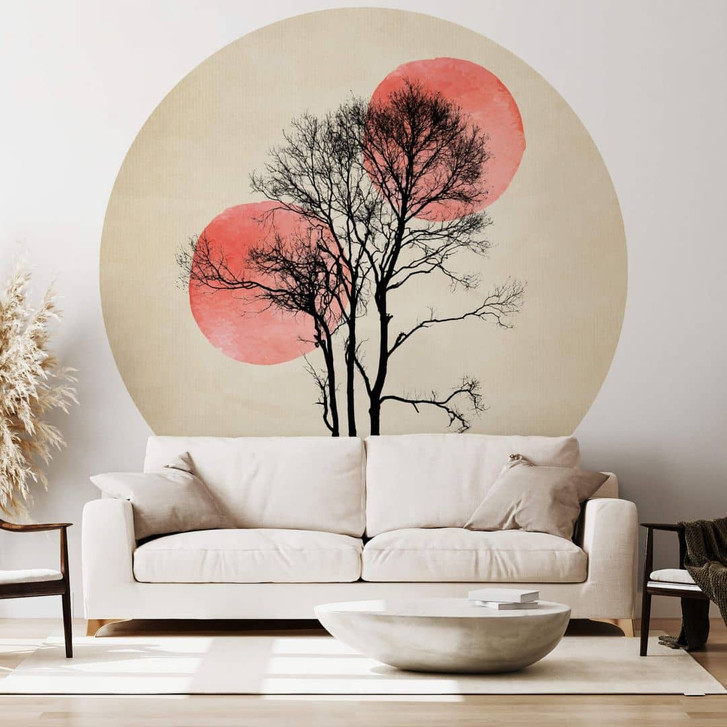 Fototapete Kubistika - Sonne und Mond hinter dem Baum - Rund - Selbstklebend/Vlies - WA331643