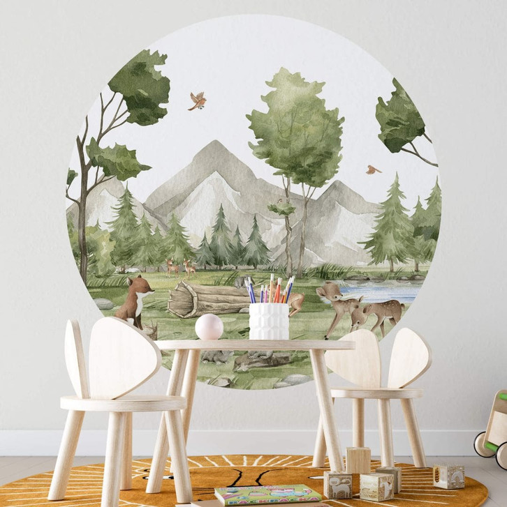 Kinderzimmer Fototapete Oliver Robins - Niedliche Tiere im Wald - Rund - Selbstklebend/Vlies - WA469833