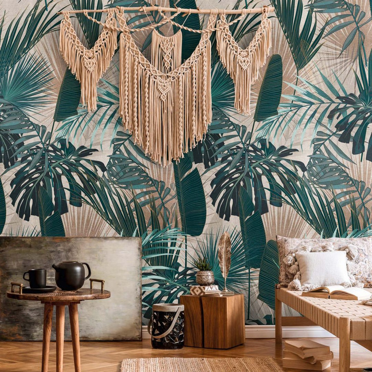 Dschungel Tapete Grün Beige Fototapete Palmen Blätter Vliestapete Dunkelgrün Wohnzimmer - WA352518