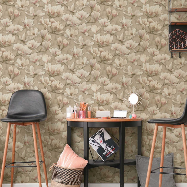 Magnolien-Tapete Beige Rosa – Florale Mustertapete mit Blumen – Vliestapete - WA458754