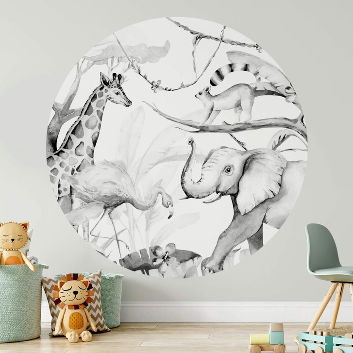 Wandtattoo Kvilis - Tierfreunde im Dschungel - schwarz-weiss - Rund - WA307823