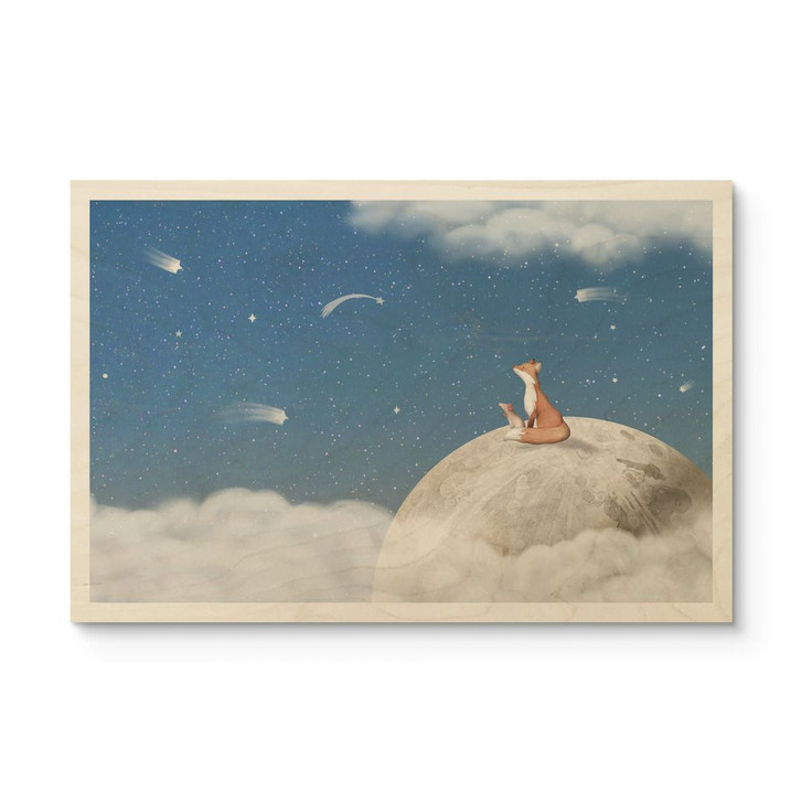 Holzbild Fuchs auf dem Mond mit Sternschnuppen - Oliver Robins - WA401761