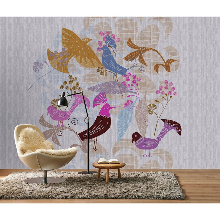 Livingwalls Fototapete Walls by Patel 3 Birdland 1 blau, lila, pink, gelb, braun - WA327854