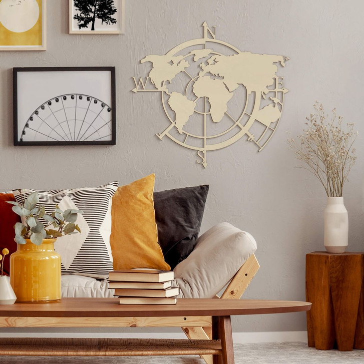 Holzkunst Pappel - Weltkarte Himmelsrichtungen 02 - WA291588