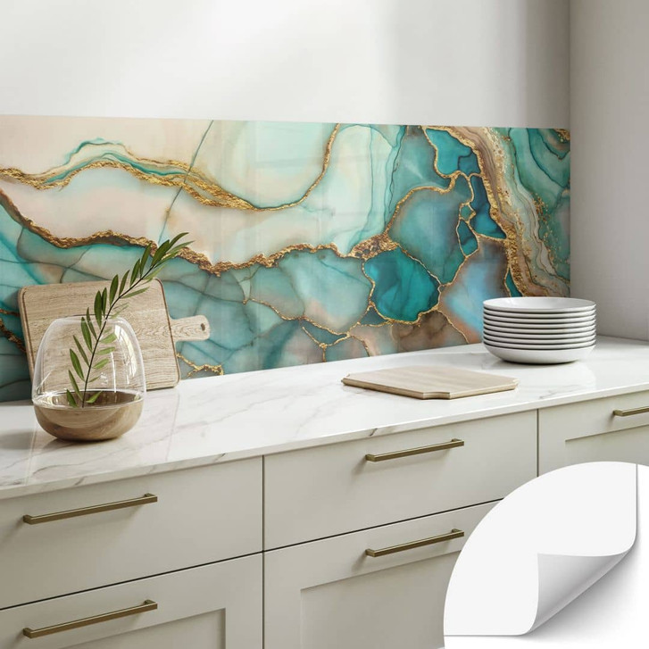 Selbstklebende Küchenrückwand Marmorierte Wellen in Türkis und Gold - Haase - WA433509