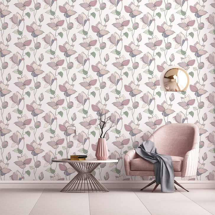 Vliestapete mit Comic-Blumen Look weiss, beige Floral - WA451018