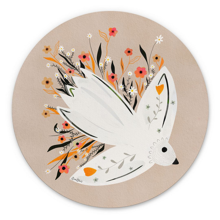 Wandbild Friedenstaube mit kleinen Blumen - Bloom - Alu-Dibond - Rund - WA394244