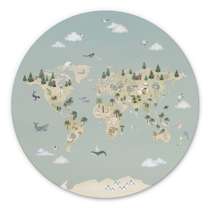 Wandbild Weltkarte - Welt der Tiere - Oliver Robins - Alu-Dibond - Rund - WA515752