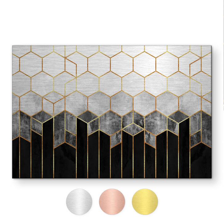 Alu-Dibond gebürstet mit Goldeffekt - Hexagone: schwarz und grau - Fredriksson - WA517151