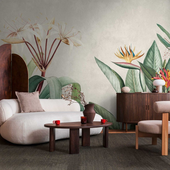 Fototapete Tropische Pflanzen Beige Grün - Vliestapete mit exotischem Blumenmotiv - WA418420