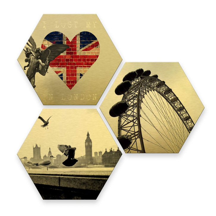 Hexagon - Alu-Dibond-Goldeffekt - Impression of London (3er Set) - WA245094