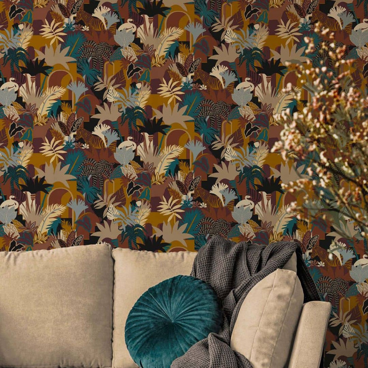 Tapete französischer Stil Bunt - Dschungel Vliestapete Pflanzen Orange - WA396421