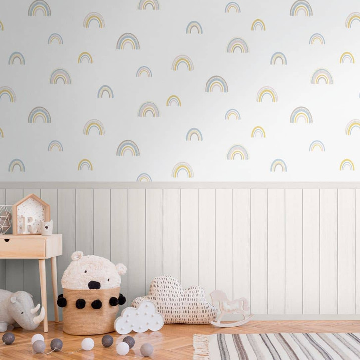 Fototapete Regenbogen Pastell mit Holzpaneel Beige – Vliestapete Kinderzimmer erweiterbar - WA487868