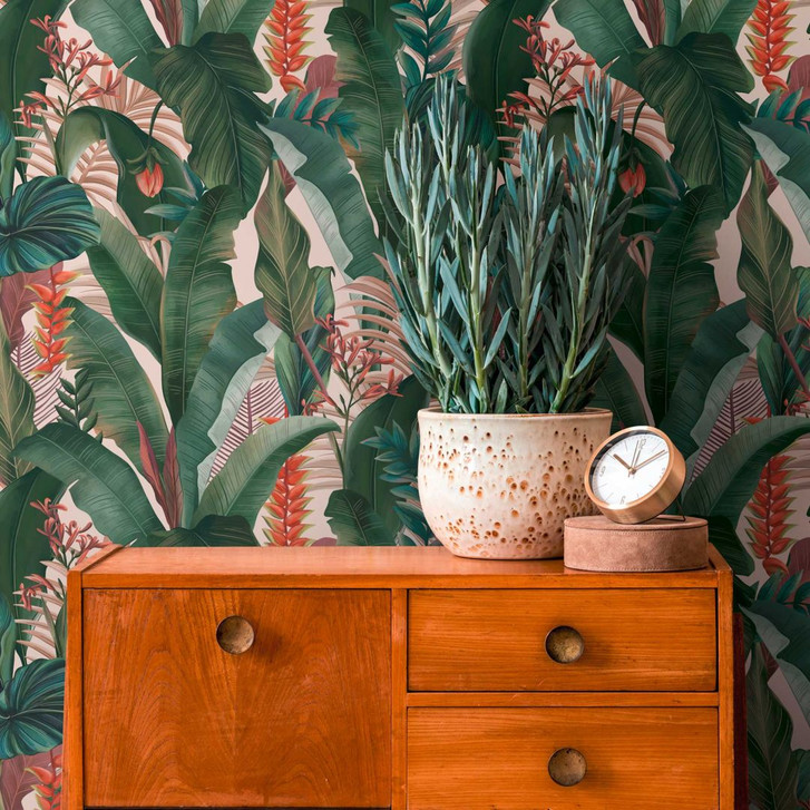 Tapete mit Palmenblättern Beige Grün - Florale Vliestapete Dschungel-Motiv - WA396792